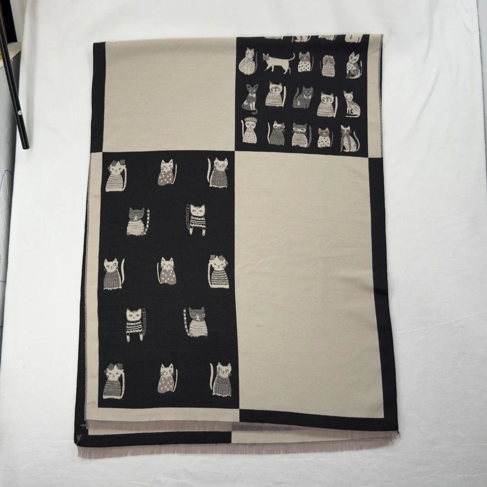 Cat Lovers Scarf Shawl Oversized Black Cream Colorblock‎ Novelty Artsy Modern